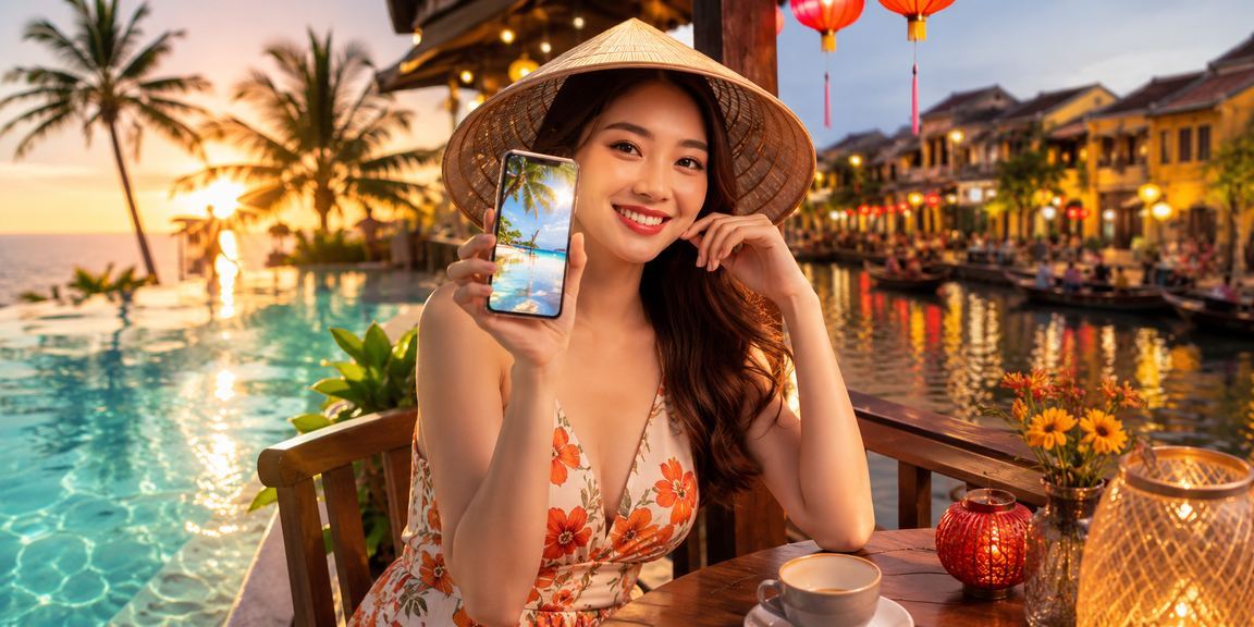 Người dùng trải nghiệm casino di động tại quán cà phê phố cổ Hội An